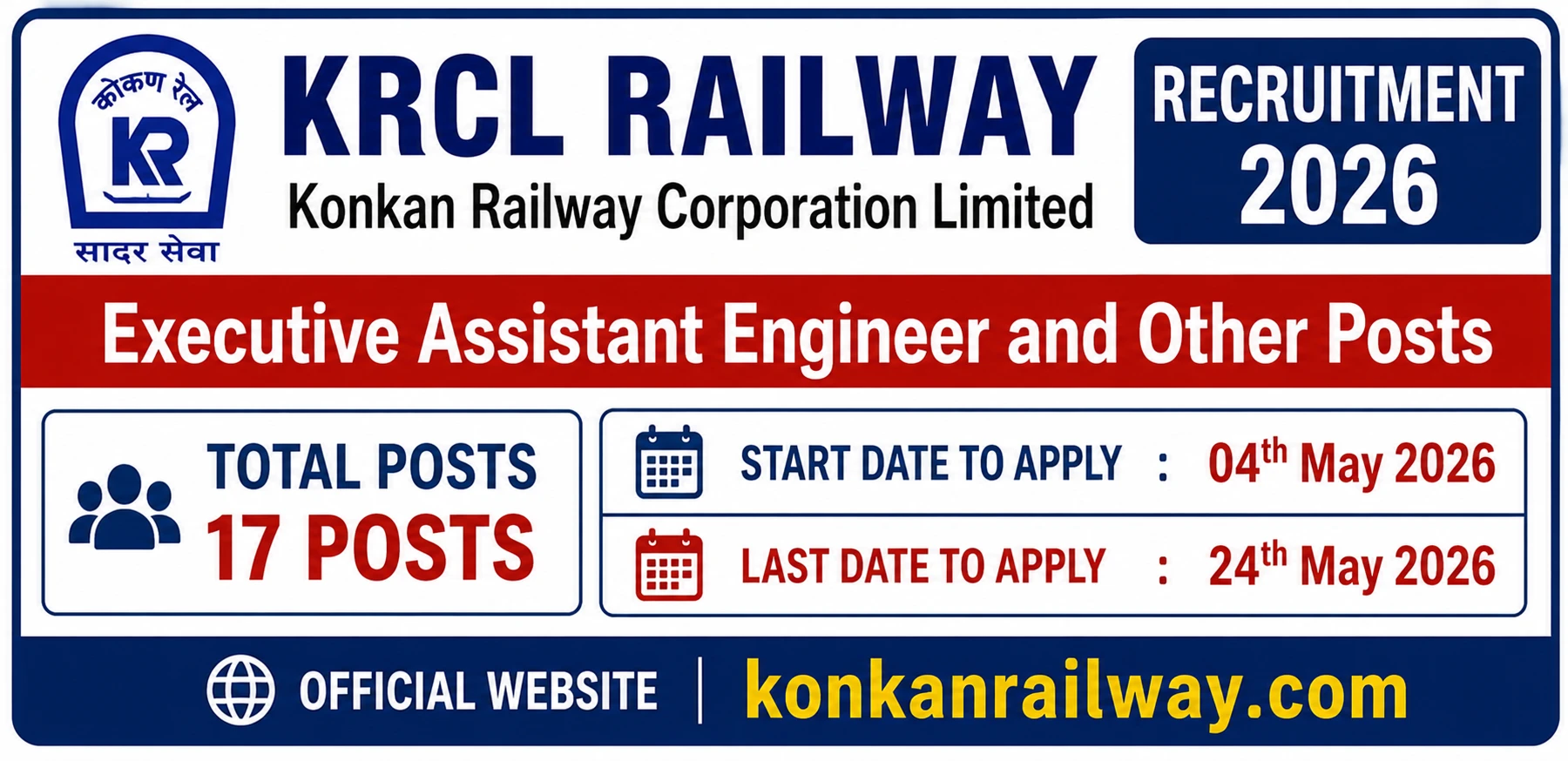 KRCL Railway Executive Assistant Engineer and Other Recruitment 2026 for 17 Posts