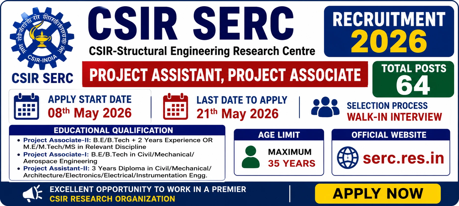 CSIR SERC Project Assistant Project Associate Recruitment 2026 for 64 Posts
