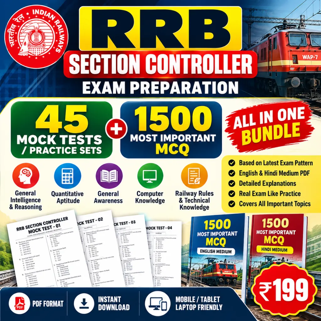 RRB Section Controller Exam 2026 Preparation Bundle – 45 Mock Tests + 1500 Important MCQs with Answers | English & Hindi Medium PDF