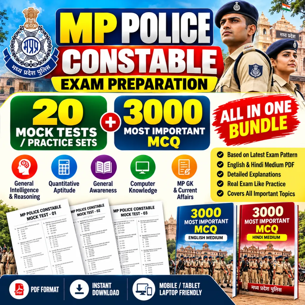 MP Police Constable Exam 2026 Preparation Bundle – 20 Mock Tests + 3000 Important MCQs with Answers | English & Hindi Medium PDF