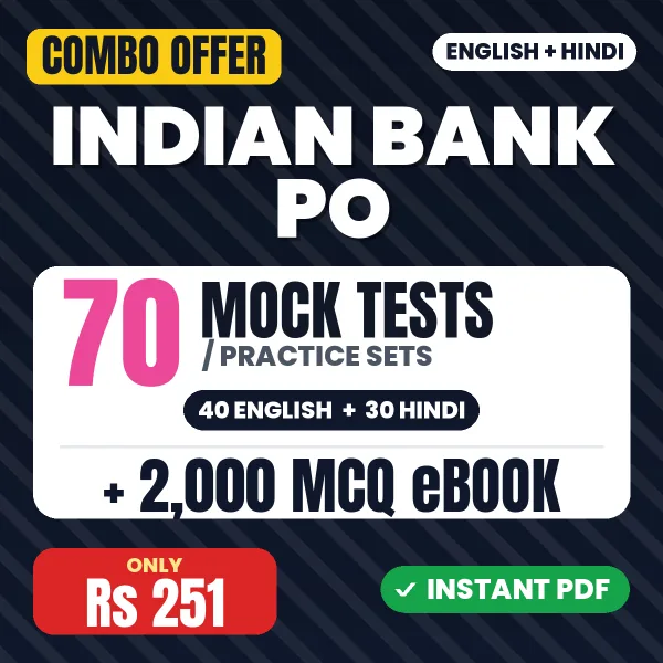 Indian Bank PO Prelims Exam – 70 Most Important Mock Tests / Practice Sets and 2000 MCQ eBook | English & Hindi Medium PDF Download