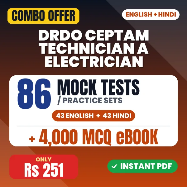 DRDO CEPTAM Technician A (Electrician) Exam Tier 1 – 86 Most Important Mock Tests / Practice Sets and 4000 MCQ eBook | English & Hindi Medium PDF Download