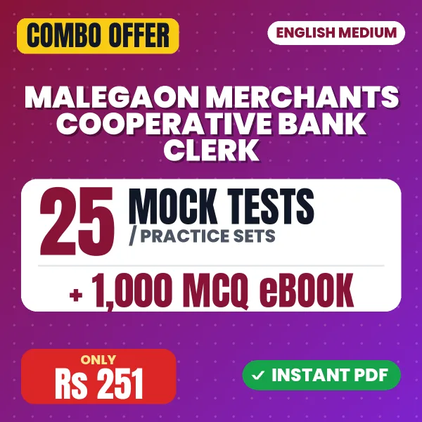 Malegaon Merchants Cooperative Bank Clerk Exam – 25 Most Important Mock Tests / Practice Sets and 1000 MCQ eBook | English Medium PDF Download