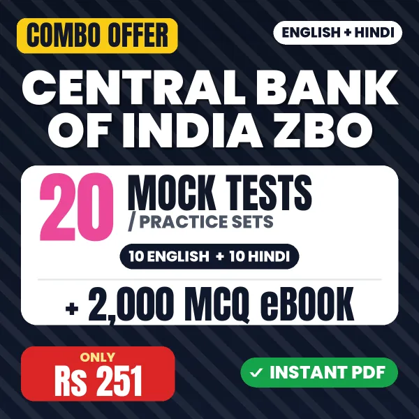 Central Bank of India ZBO Exam – 20 Most Important Mock Tests / Practice Sets and 2000 MCQ eBook | English & Hindi Medium PDF Download