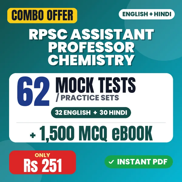 RPSC Assistant Professor (Chemistry) Exam Paper 3 – 62 Most Important Mock Tests / Practice Sets and 1500 MCQ eBook | English & Hindi Medium PDF Download
