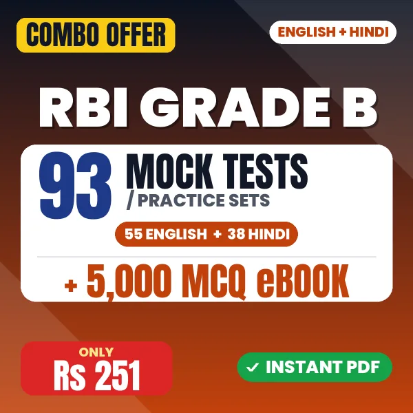 RBI Grade B Phase I Prelims Exam (General) – 93 Most Important Mock Tests / Practice Sets and 5000 MCQ eBook | English & Hindi Medium PDF Download