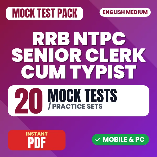 RRB NTPC Senior Clerk cum Typist CBT 1 Exam – 20 Mock Tests / Practice Sets | English Medium PDF Download